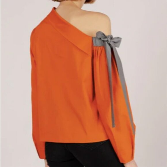 Harshman Blouse Liana Burnt Orange Tie Bow Off One Shoulder Poplin Fall Casual - Picture 7 of 14